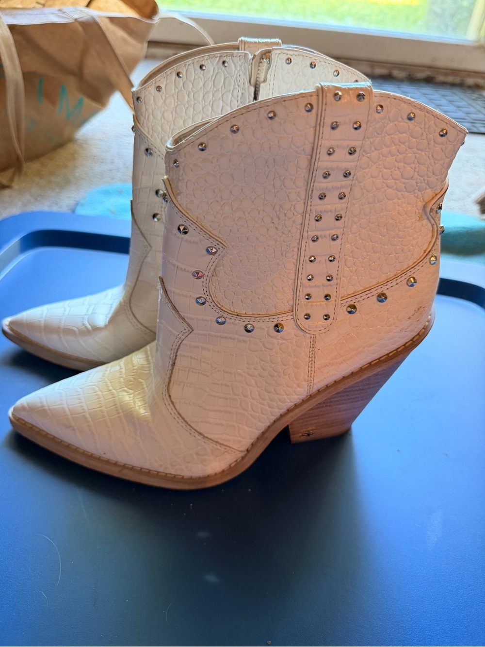 Sam Edelman Cream Croc-Embossed Western Studded Ankle Boot